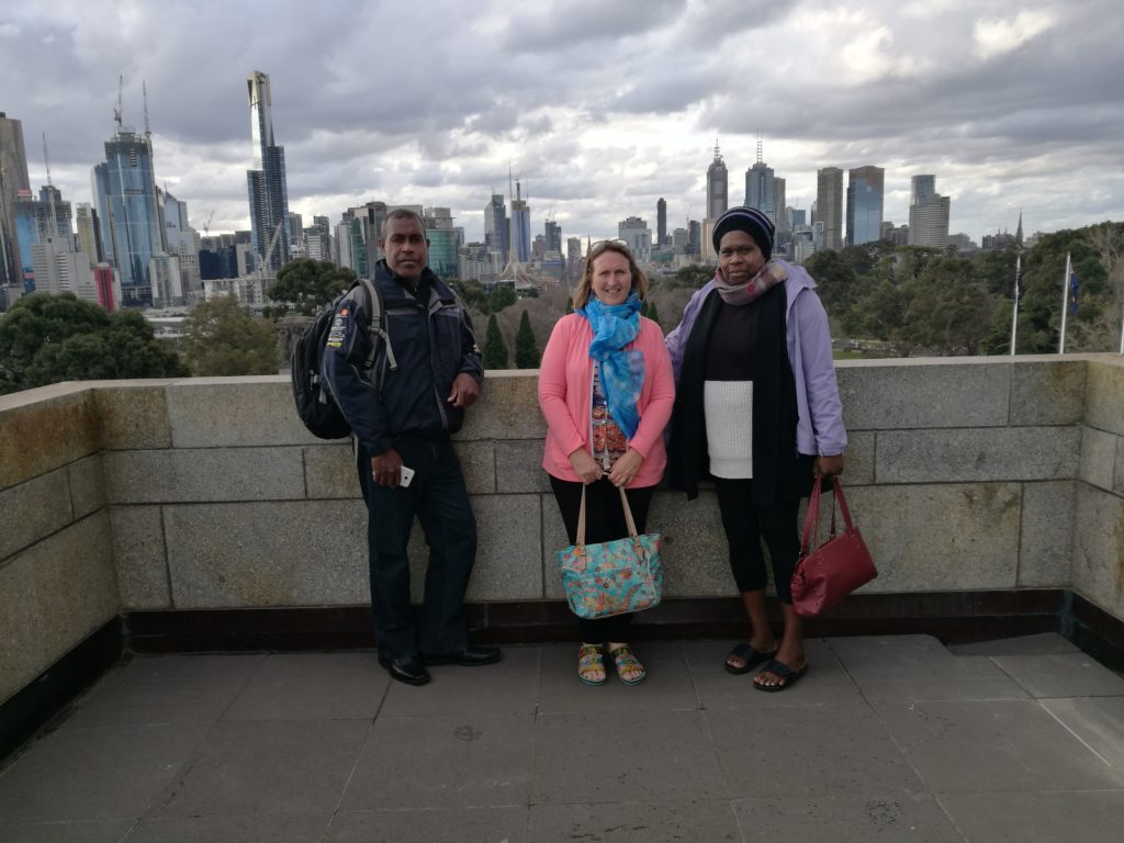 Jack Belinda and Mary on a cold winters day in Melbourne Australia as we did some sight seeing before the Pacific Menstrual Health Workshop commenced